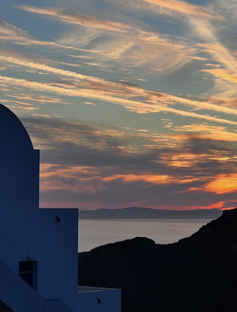 Anafi landscape with a church during sunset